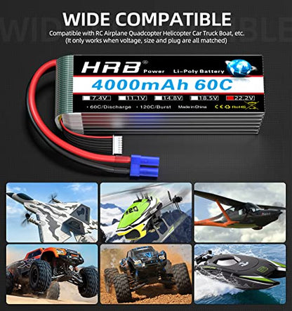 HRB 2PCS 6S Lipo Battery EC5 22.2V 4000mAh 60C Compatible with RC Plane