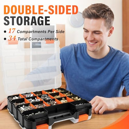 DIYSELF Screw Organizer, Double-Sided 34-Compartment Small Parts Organizer | Hardware Organizers with Adjustable Space, Clear-Lid Compartment Storage Box for Hardware, Crafts, Beads, Nuts and Bolts - size: 1 Pack