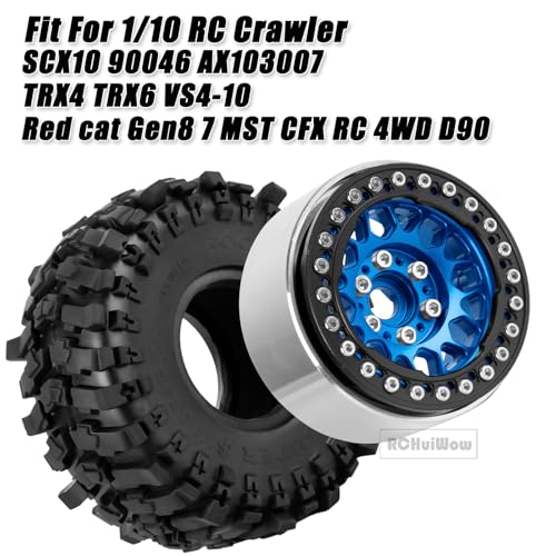 RC 1.9 Beadlock Wheels 1.9 Beadlock Tires for 1/10 SCX10 90046 AX103007 TRX4 TRX6 D90 VS4-10 MST CFX Gen8 7 RC Crawler,Alloy Aluminium rc Wheel Rim w/Rings & Rubber Tires,Navy Blue w/Black - color: Navy Blue(4pcs)