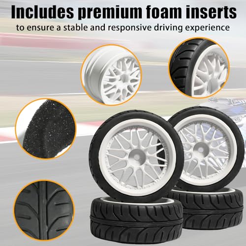 OD 2.55" On Road Rubber Tires Plastic Wheel Rims 12mm Hex Hub Compatible with MJX HSP Tamiya HPI Kyosho Traxxas Sakura Redcat WLtoys 1/10 RC On-Road Racing Touring Car (White) - style: B-White