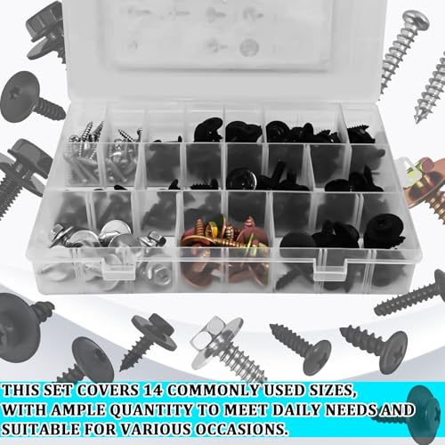 14 Size Automotive Screws Fender Liner Bolts, Metal Body Bumper Screw Splash Shield Fastener Rivet Repair Kit Car Push Retainer Clip with Phillip Round Head Self Tapping Screw Assortment（160PCS）