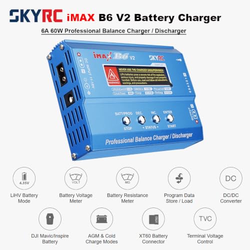 SKYRC iMAX B6 V2 Battery Charger 60W 6A Lipo Balance Charger/Discharger | Dual DC Power Input, Replacement for 1-6S Lipo/Li-Ion/LiHV/LiFe, 1-15S NiMH/NiCd, 2-20V Pb, DJI Mavic/Inspire/Phantom Battery