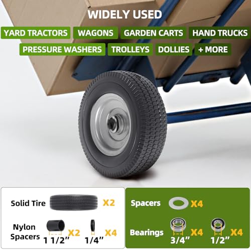 AR-PRO (2-Pack) 10-Inch Solid Wheel Replacement - 4.10/3.50-4 Flat Free Tire and Wheel with 5/8 extra 3/4 &1/2 Bearings and 2.25" Offset Hub - Compatible with Hand Truck, Generator, Gorilla Carts - size: 10‘’