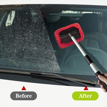 Windshield Cleaning Tool, Car Cleaning Window Tool, Car Window Cleaner with Unbreakable Extendable Handle and Microfiber Cloth, Scratch-Free Car Cleaning Brush for Auto Glass Wiper (Red) - color: Red