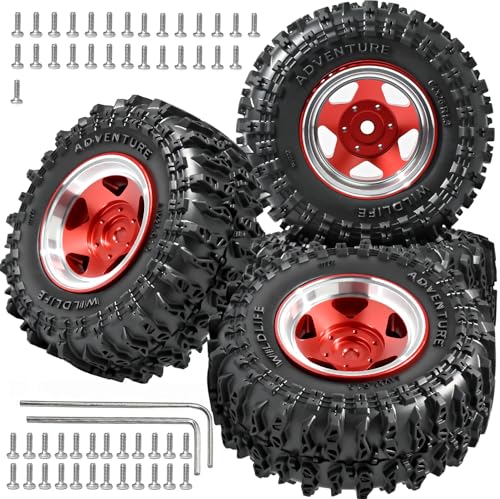 1.3" Beadlock Wheel Tires, Aluminum 1.3 Beadlock Wheels and Tires Upgraded 1.45-inch Wheel for for 1/24 SCX24 AX24 FCX24 1/18 TRX4M FMS RC Crawler Car Upgrade (Red) - color: Red