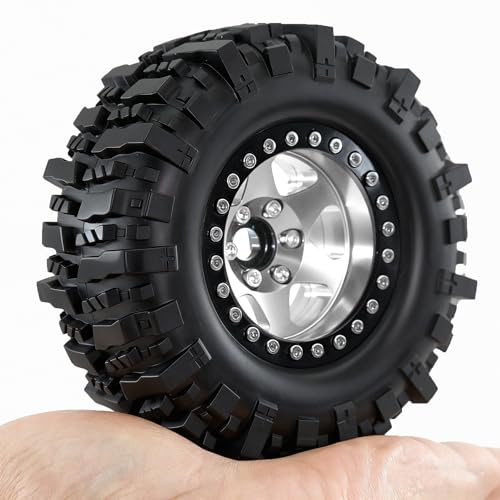 REDSPIDER 4PCS 1.9" RC Crawler Tires Mud Slingers (OD 95mm/3.75") & Beadlock Wheels, Deep Dish -10.4mm Negative Offset Rim for 1/12 MJX H12Y, MN128, MN82S, LC79 (Silvery) - color: Silvery