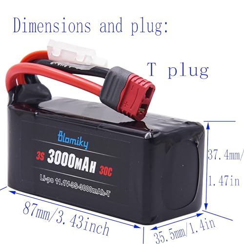 Blomiky 2 Pack 11.1V 3000mAh 33.3Wh 30C Li-Po Rechargeable T Plug Shorty Battery with XT60 Converter and Cable Suitable for Some 1/8 1/10 1/12 1/14 H14BM RC Cars /11.1V 3000mAh T 2