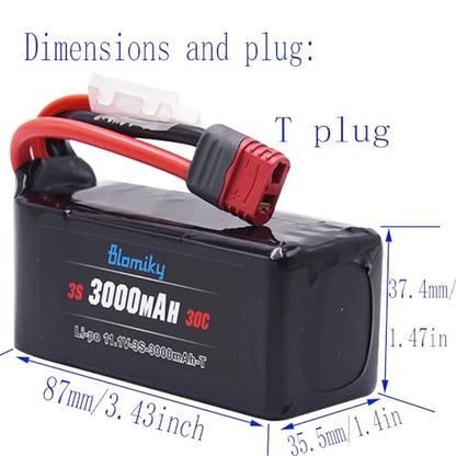 Blomiky 2 Pack 11.1V 3000mAh 33.3Wh 30C Li-Po Rechargeable T Plug Shorty Battery with XT60 Converter and Cable Suitable for Some 1/8 1/10 1/12 1/14 H14BM RC Cars /11.1V 3000mAh T 2