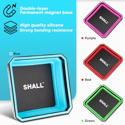 SHALL New Version Collapsible Magnetic Parts Tray Set, 4-Pack Magnetic Tool Trays for Screw Bolts Nuts Washers Pins & Small Metal Parts, 4.5” Square Silicone Foldable Bowls w/Dual-Sided Magnetic Base