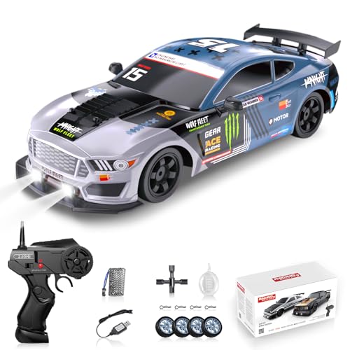 RC Drift Car Remote Control Cars for Adults, 1/16 2.4GHz RC Drifting Car 4WD Drift RC Cars with Spray, LED Lights and Drifting Tires Toy Cars for Boys Kids - color: Blue+wh