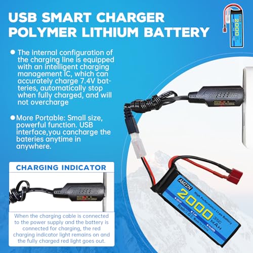 2S T Plug Lipo Battery 7.4V 2000mAh 35C with USB Charging Cable for RC Car,Truck Model Car,Remote Control Ship,RC Quadcopter Qircraft,FPV Drone Battery