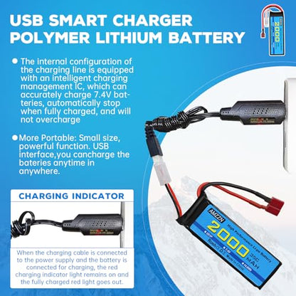 2S T Plug Lipo Battery 7.4V 2000mAh 35C with USB Charging Cable for RC Car,Truck Model Car,Remote Control Ship,RC Quadcopter Qircraft,FPV Drone Battery