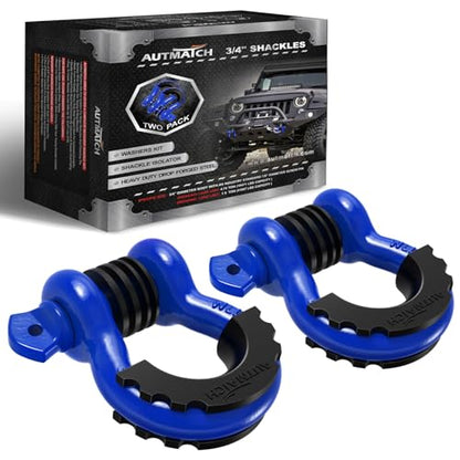 AUTMATCH 3/4" D Ring Shackles (2-Pack) - 41,887 lbs Break Strength | Heavy Duty Clevis Shackle with 7/8" Pin & Isolator Washer Kit for Tow Strap, Winch, Towing & Off-Road Vehicle Recovery, Blue - color: Blue