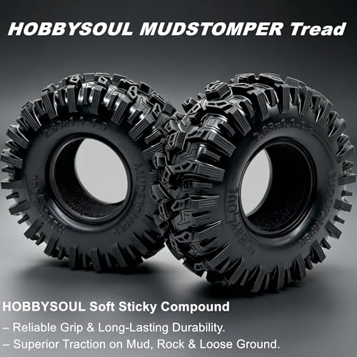 HOBBYSOUL MUDSTOMPER 72mm RC Crawler 1.3 Tires 4-Pack Fits TRX4M SCX24 | soft sticky tire for mud & rock off-road climbing,foam inserts,upgrade for 1/18 TRX4M High Trail & 1/24 micro crawlers