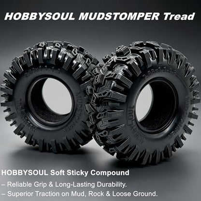 HOBBYSOUL MUDSTOMPER 72mm RC Crawler 1.3 Tires 4-Pack Fits TRX4M SCX24 | soft sticky tire for mud & rock off-road climbing,foam inserts,upgrade for 1/18 TRX4M High Trail & 1/24 micro crawlers