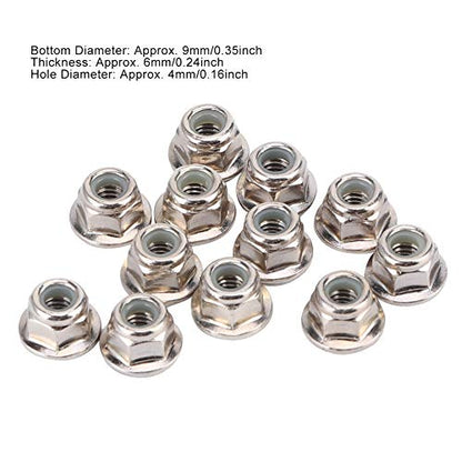 12Pcs RC Lock Nuts, 4mm RC Wheel Nuts, Metal Nonslip Wheel Lock Nut with 0.35in Bottom Diameter Replacement for TRX6 SCX10 1/10 Remote Control Model Cars, Sliver