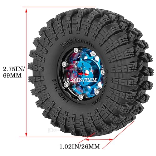RC 1.3" Beadlock Wheel Tires Set/RC Wheels and Rim for 1/18 1/24 Trx4m SCX24 FCX24 RC Crawler Car,Aluminum 1.3 Wheel Rim Soft Rubber Tires w/Wheels Ring,Colorful - color: Colorful- (Wheel Tires)
