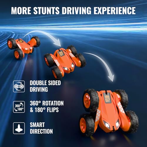 MaxTronic Fast Direct Charging Remote Control Car with LED，Exclusive Dual USB-C Charging for Car & Controller - 2.4Ghz 15km/h 360° Flips Rotations 4WD RC Stunt Car Fully Rechargeable for Kids 3-12 - color: Orange