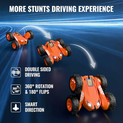 MaxTronic Fast Direct Charging Remote Control Car with LED，Exclusive Dual USB-C Charging for Car & Controller - 2.4Ghz 15km/h 360° Flips Rotations 4WD RC Stunt Car Fully Rechargeable for Kids 3-12 - color: Orange