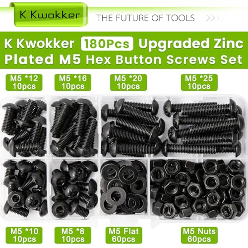180PCS M5 Nuts and Bolts Assortment Kit 8mm-25mm, Upgraded Zinc Plated Metric Button Head Hex Socket Cap Machine Screws 10.9 Alloy Steel M5 Screw Assortment, 6 Lengths Bolts and Nuts Kit - size: C.M5