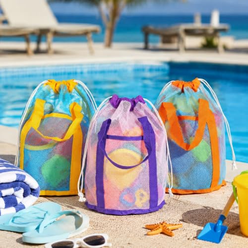 3PCS Mesh Beach Bag, Foldable Toy Storage Bag | Large Capacity Sea Shell Bags for Beach, Portable Pool Toy Bag with Drawstring and Strap, Beach Vacation Essentials for Kids - size: 3P-SEABAG