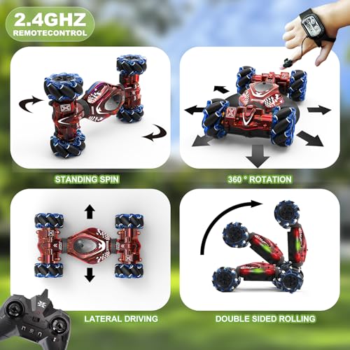 Gesture RC Car,1:24 4WD Transform Off-Road Stunt Car with Gesture & Remote Control, 360° Flips Drift Vehicle with LED Lights Music, All Terrain Toy Cars Gifts for Boys Girls Age 6-12 - style: 1:24 Red