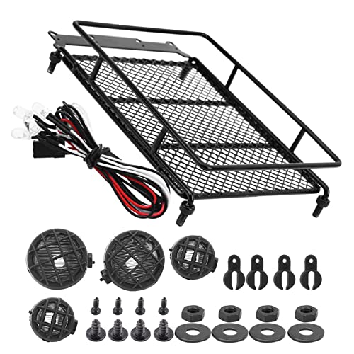 RC Crawler Roof Rack, Durable Metal Simulation Luggage Carrier with LED Light for Off-Road Adventure RC and Scale Hobbyists - color: Black