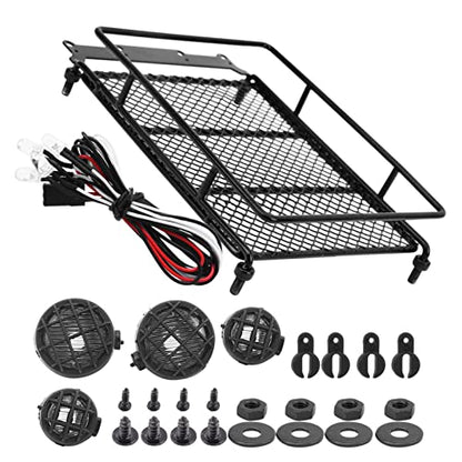 RC Crawler Roof Rack, Durable Metal Simulation Luggage Carrier with LED Light for Off-Road Adventure RC and Scale Hobbyists - color: Black