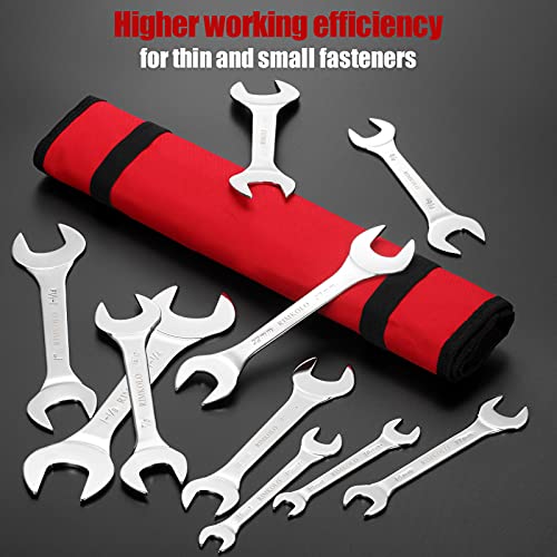 Super-Thin Open End Wrench Set, 16-Piece SAE & Metric 3/8" to 1-1/4" and 5.5mm to 27mm Chrome Vanadium Steel Wrench Set with Rolling Pouch