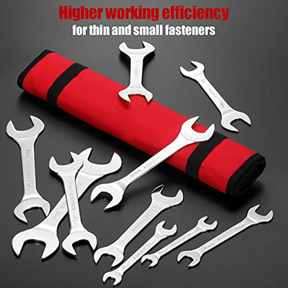 Super-Thin Open End Wrench Set, 16-Piece SAE & Metric 3/8" to 1-1/4" and 5.5mm to 27mm Chrome Vanadium Steel Wrench Set with Rolling Pouch