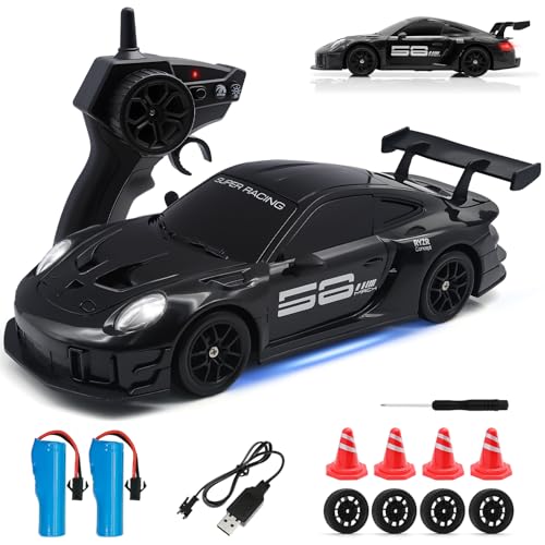 RC Drift Car, 1:24 4WD Remote Control Cars Vehicle with LED Light,2.4GHz 20KM/H High Speed RC Cars with Two Batteries & Drifting Tires Racing Sport Toy for Adults Boys Girls Kids Black - color: Black
