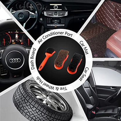 SPTA 3Pcs Car Detailing Brush Kit, Leather & Textile Interior Brush, Comfortable Grip and Scratch-Free Cleaning for Dashboard, Wheels, Seats, Foot Mats and Small Areas, Black
