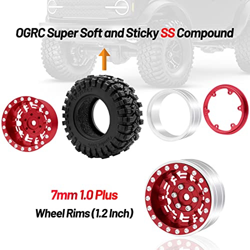 OGRC 1.0 Plus (1.2 Inches) Beadlock Wheel and Tires Set 7mm Negative Offset Wheel Rims SS Super Soft Sticky Tires for TRX4M SCX24 FCX24 AX24 1/24 1/18 RC Crawler Car - 62 * 24mm (Red) - color: Red