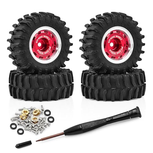 0.7 Inch RC Crawler Tires and Wheels Set 36×14mm for 1/30 Scale Axial SCX30 (Red) - color: Red