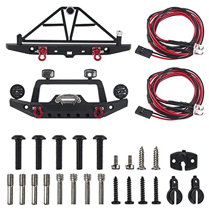 Aluminum Front & Rear Bumper with LED Headlights Tow Hook Spare Tire Carrier Compatible with Traxxas TRX4 TRX-4 Axial SCX10 SCX10-II 90046 90047 SCX10-iii AX10300 1/10 RC Crawler Car