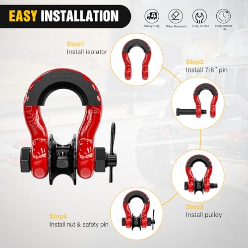 Nilight 3/4" D-Ring Shackle with Snatch Block, Heavy Duty Recovery Set | 9,500 lbs WLL, Winch Pulley, Fits Synthetic Rope & Steel Cable, Truck, Jeep, ATV, UTV, 2-Piece Kit, Red - color: Red 3/4" w/Towing Pulley 2 Pack, size: 3/4 inch