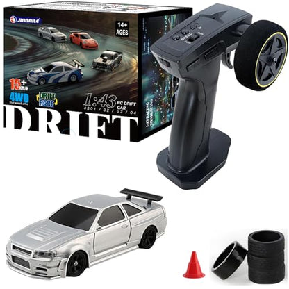 1/43 Mini RC Drift Car 2.4GHz RTR Full Proportional Remote Control Cars 4WD High Speed Racing Lights Kit and Racing Tires (4304) - color: Silvery