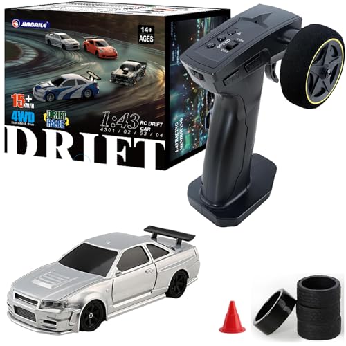 1/43 Mini RC Drift Car 2.4GHz RTR Full Proportional Remote Control Cars 4WD High Speed Racing Lights Kit and Racing Tires (4304) - color: Silvery