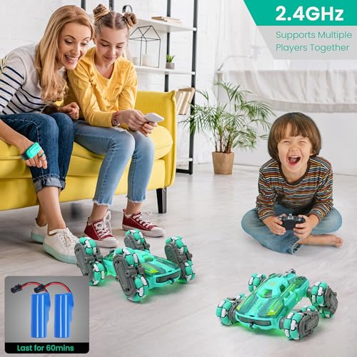 FUNiOi Cool 8WD RC Stunt Car for Kids Ages 6 7 8-12 13 14 Year Old - Remote & Gesture Hand-Controlled Toy with Lights & Music, Rotating Drift Car for Boys, 2.4Ghz - style: 8WD