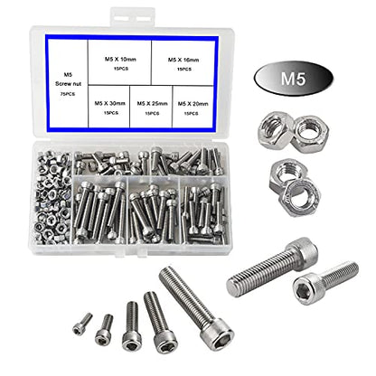 newlng M5 304 Stainless Steel Bolts and Nuts, Hex Flat Head Cap Bolts Screws Nuts Hexagon Socket Head Screw,Heavy Duty Hex Bolts Nuts Assortment, Head Mechanical Parts Combination Box - size: M5