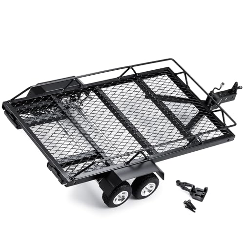 RC Hauling Behind Trailer Car with 4 Tires for 1/18 TRX4M RC Car | Metal Hitch Mount Trailer Heavy Duty Truck and RC Rock Cars Trailer for 1/18 Defender Bronco K10 High Trail F150
