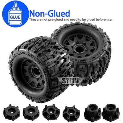 STMU 12mm/14mm Hex RC Wheels & Tires Set for 1/10 RC Trucks - Compatible with Traxxas Rustler, Stampede, Hoss 2WD/4X4 VXL, Arrma, Redcat, RIAARIO, AMORIL - 4PCS (Black) - color: Black