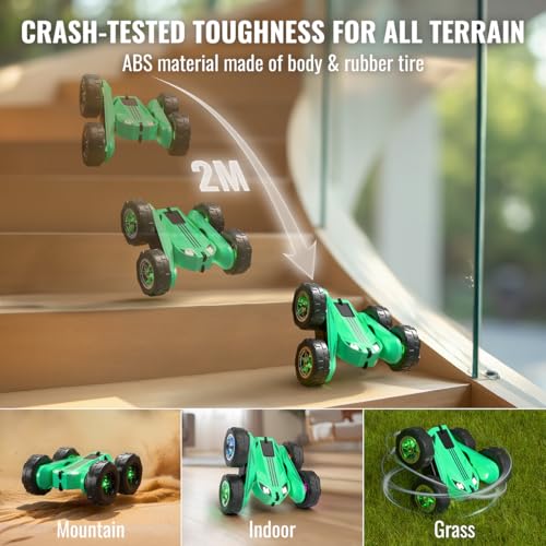 MaxTronic Fast Direct Charging Remote Control Car with LED，Exclusive Dual USB-C Charging for Car & Controller - 2.4Ghz 15km/h 360° Flips Rotations 4WD RC Stunt Car Fully Rechargeable for Kids 3-12 - color: Green