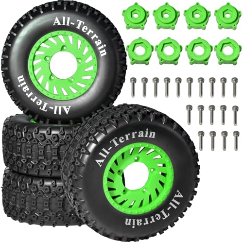 1/10 RC Short Course Truck Wheel Tires Set- 12mm/17mm Hex, Green | All-Terrain Tires and Nylon Wheels Compatible with 1/10 Traxxas Slash 4WD 2WD Arrma Senton Axial Losi Redcat RC Buggy, 4-Pack - color: Green
