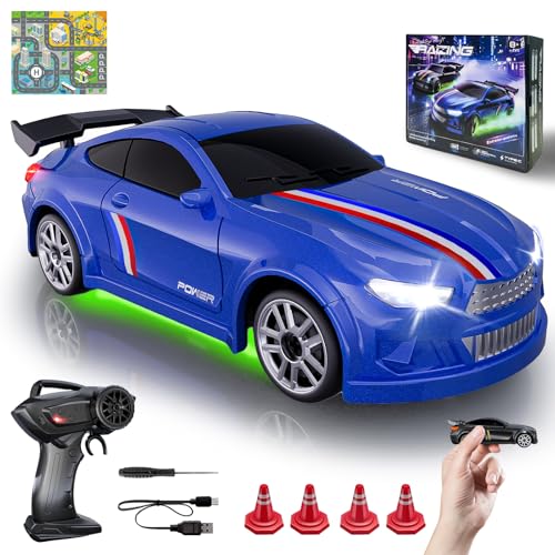 Mini RC Car 1:64 Scale, Remote Control Desktop Car for Kids & Adults | 2.4GHz RC Drift Car with LED Lights & 2 Speeds, Includes 4 Obstacles & Track Mat, Hobby Gift for Boys, Blue - color: Blue
