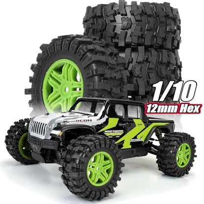 STMU 1/10 12mm Hex RC Wheels and Tires （4pcs） OD 4.45''for 1/10 RC Off-Road Car Traxxas TRX4 Slash Arrma Losi Tenacity Vkar 10sc Hpi RC Buggy Car (Green) - color: Green