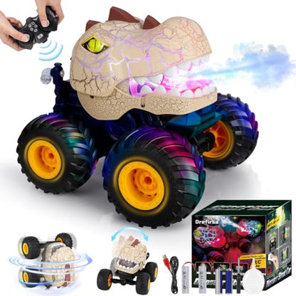 Drefirsa Remote Control Dinosaur Car for Boy 4-7 8-12, Dinosaur Toy for Kid | 50min+ Runtime,Stunt, Spray, LED Light, Rotating, Upright Driving, Monster Truck Toy for Kid Birthday Christmas Gift - color: Beige