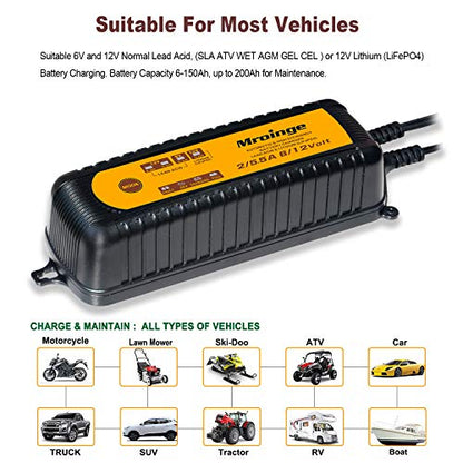 Smart Battery Charger, Mroinge 5.5A 6V/12V Automatic Battery Charger/Maintainer for Cars, Motorcycles, SUVs, Trucks and More, Suitable for Charging Lead-Acid & Lithium (LiFePO4) Batteries