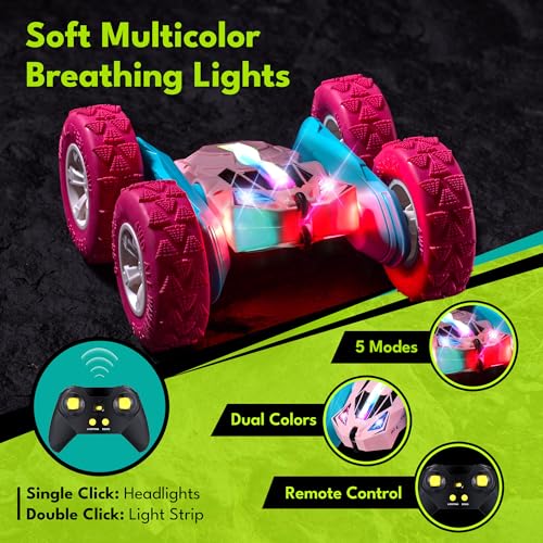 Threeking Pink Remote Control Cars RC Stunt Flip Car Crawler Toys Girls 6+ | Quick-Swap Modular Battery, Double-Sided Stunt RC Car, Durable, Auto Demo, Soft Lights – Gifts for Kids Ages 6-12 - color: Pink