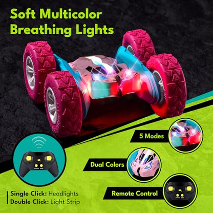 Threeking Pink Remote Control Cars RC Stunt Flip Car Crawler Toys Girls 6+ | Quick-Swap Modular Battery, Double-Sided Stunt RC Car, Durable, Auto Demo, Soft Lights – Gifts for Kids Ages 6-12 - color: Pink